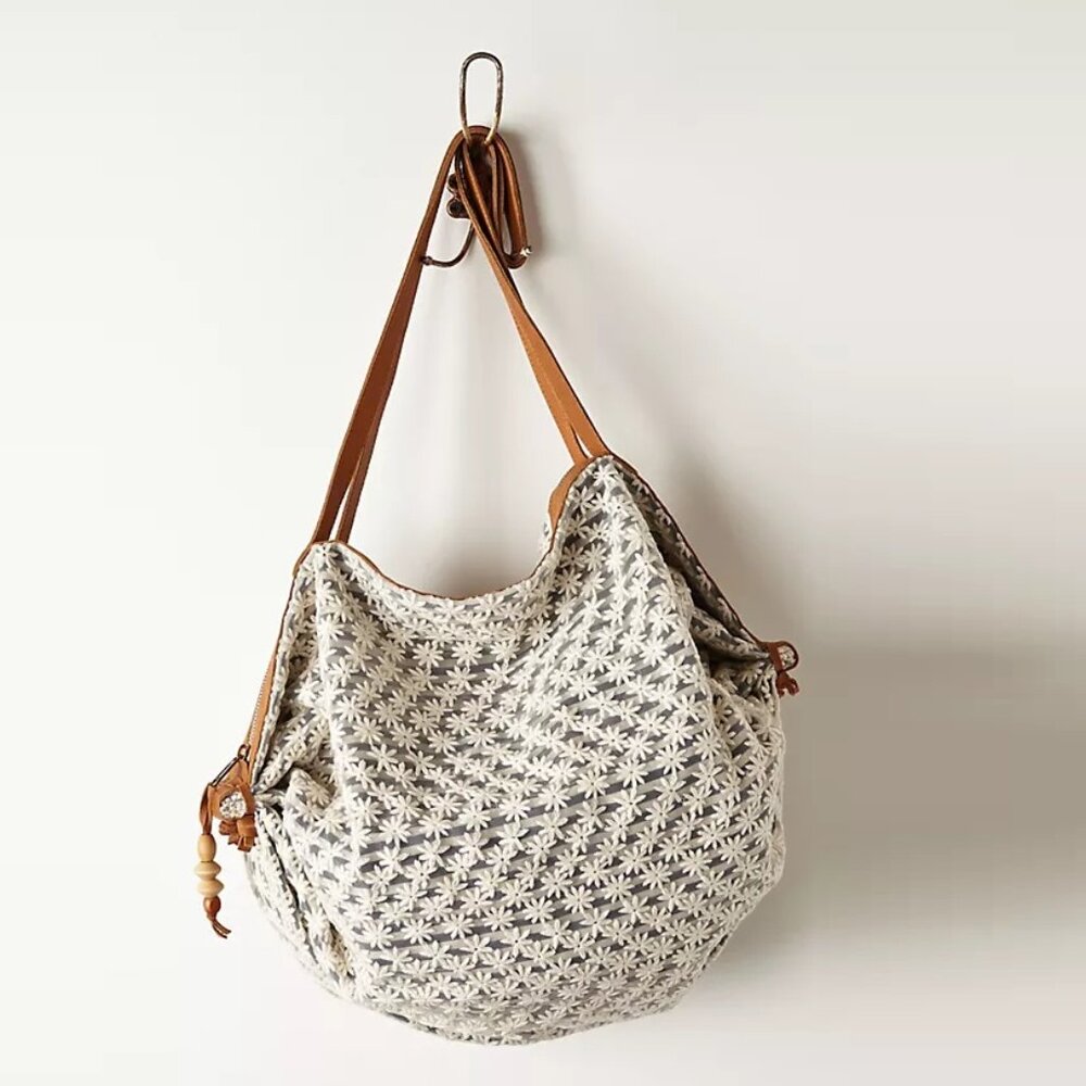 Anthropologie Cream Crochet Hobo Bag with Tan Leather Straps